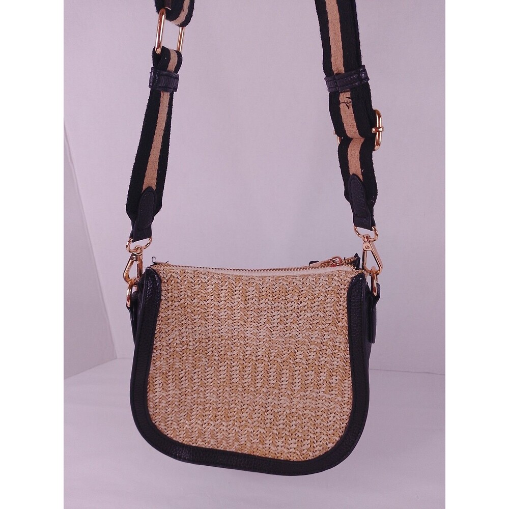 Crown Vintage Straw Crossbody Bag Woven Raffia Brown Trim Boho Purse Small - Picture 9 of 14
